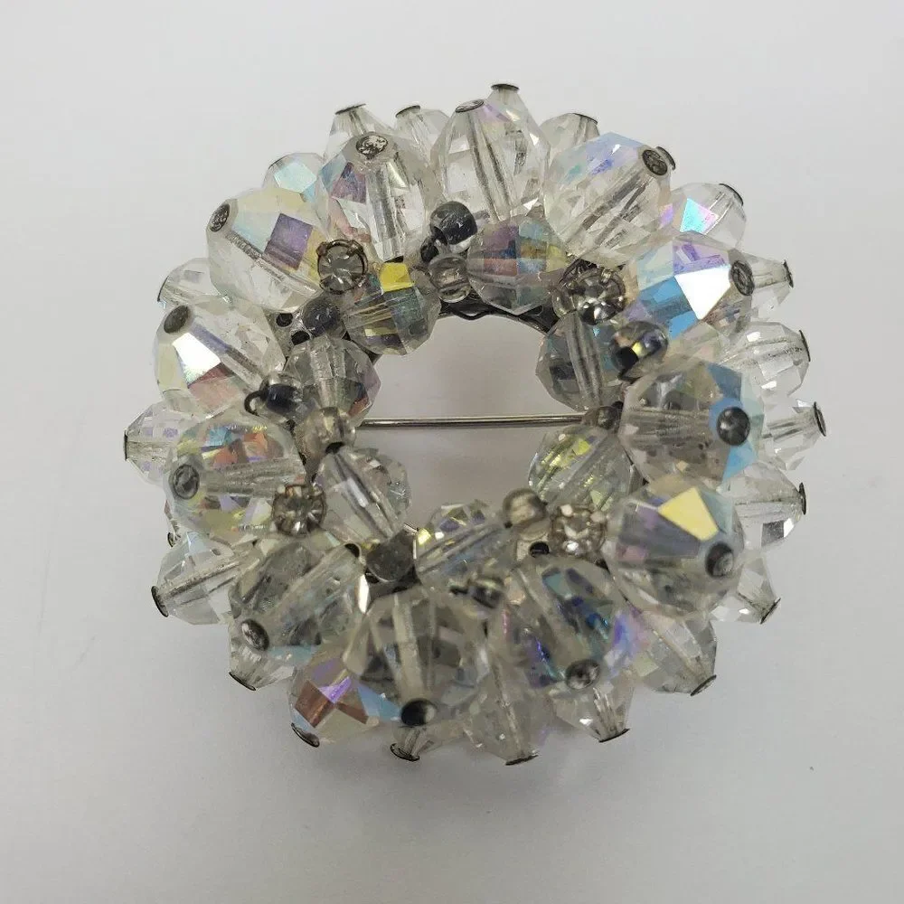 Vintage Aurora Borealis Clear AB Glass Beaded Cluster Wreath‎ Circle Brooch Pin
